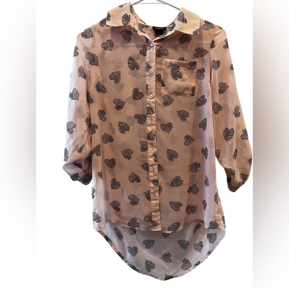 Rue 21 Blush Collar Buttondown Midsleeve RollTab Heart V Neck Shirt Size Small - Picture 9 of 14